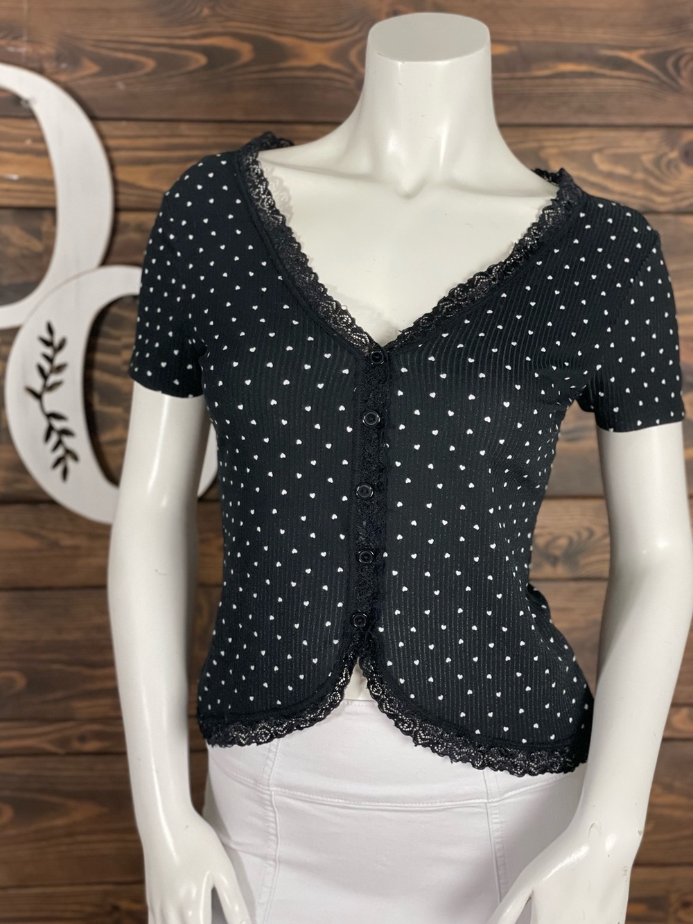 Vibe Sportswear | Heart Polkadot Heart-Print Lace Trim Button-Front Top Ribbed
